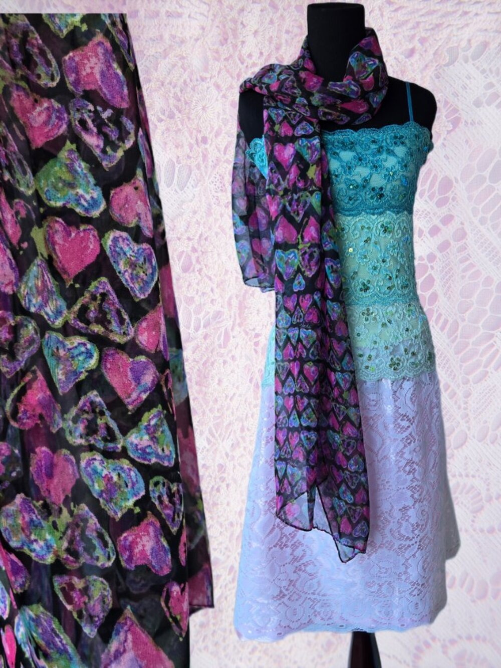 Pretty Sheer Watercolor-Style Heart Print Graphic Sheer Black Scarf